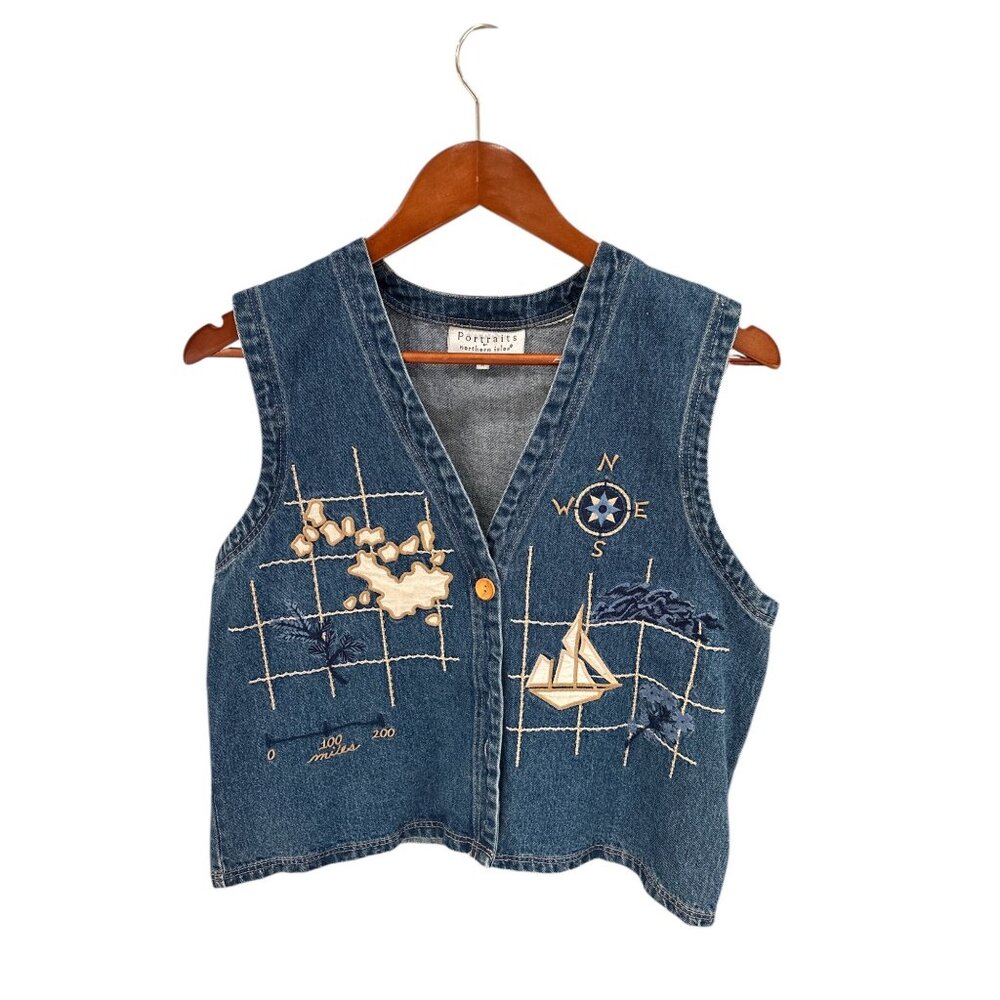 Vintage Portraits By Northern Isles Nautical Denim Vest With Embroidery & Button